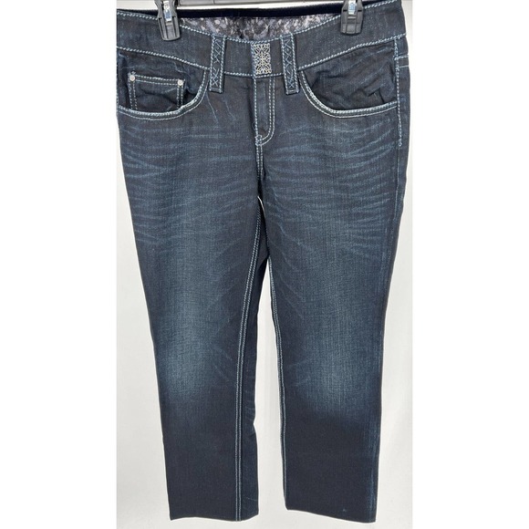 Womens Designer Dark Wash Denim Jeans Light Stitching Flap Pockets Size 10 EUC - Picture 1 of 10